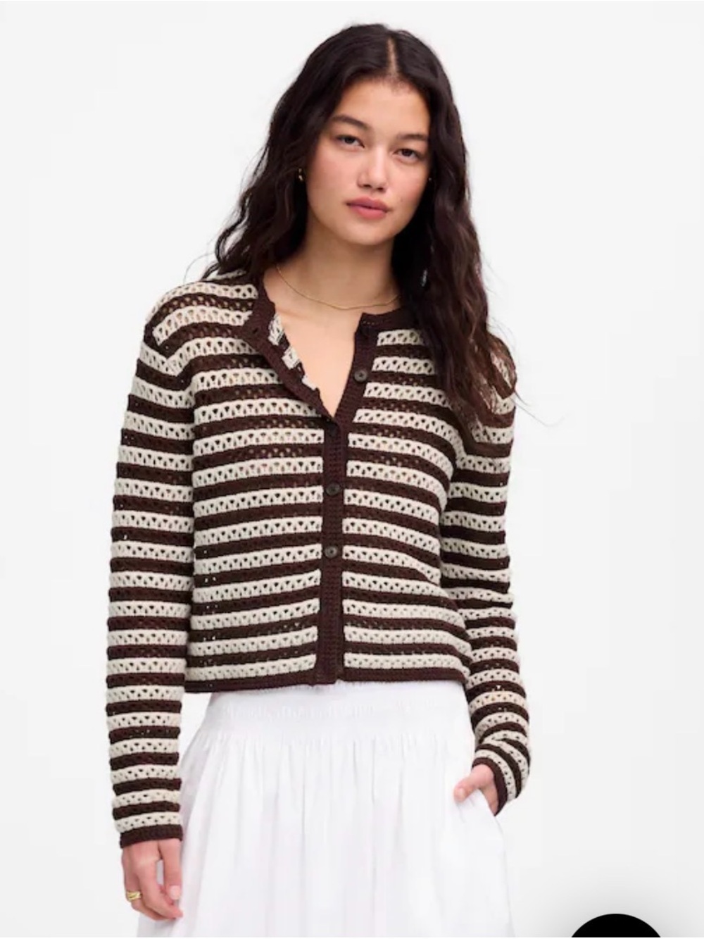 Madewell cotton Striped Crochet Button-Front set Sweater - Brown/Cream